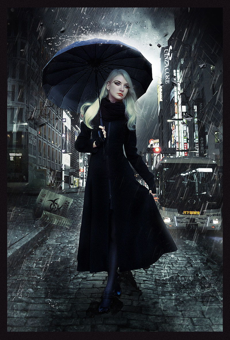 PhotoShop雨夜打伞的黑衣吸血鬼美女超现实场