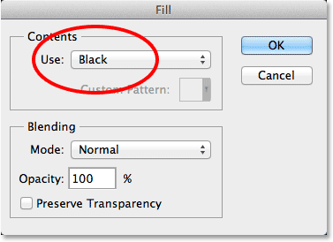 Changing the Use option to Black in the Fill dialog box. Image © 2013 <a href='https://www.86ps.com/'><font color=''>Photoshop</font></a> Essentials.com