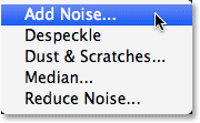 Selecting the Add Noise filter from the <a href='https://www.86ps.com/'><font color=''>Filter</font></a> <a href='https://www.86ps.com/'><font color=''>menu</font></a>. Image © 2013 <a href='https://www.86ps.com/'><font color=''>Photoshop</font></a> Essentials.com