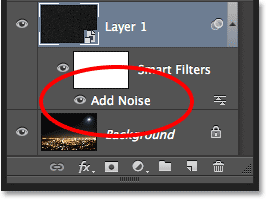 The Layers panel showing the Add Noise Smart <a href='https://www.86ps.com/'><font color=''>Filter</font></a>. Image © 2013 <a href='https://www.86ps.com/'><font color=''>Photoshop</font></a> Essentials.com