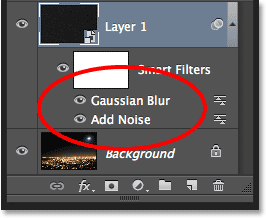 The Add Noise and Gaussian Blur Smart <a href='https://www.86ps.com/'><font color=''>Filter</font></a>s in the Layers panel. Image © 2013 <a href='https://www.86ps.com/'><font color=''>Photoshop</font></a> Essentials.com