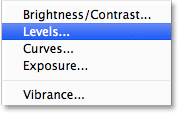 Choosing a Levels adjustment layer. Image © 2013 <a href='https://www.86ps.com/'><font color=''>Photoshop</font></a> Essentials.com