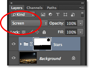 Changing the layer blend mode of the Stars group to Screen. Image © 2013 <a href='https://www.86ps.com/'><font color=''>Photoshop</font></a> Essentials.com