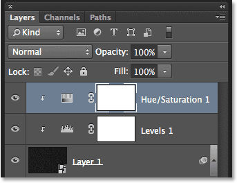 The Layers panel showing the new Hue/Saturation adjustment layer. Image © 2013 <a href='https://www.86ps.com/'><font color=''>Photoshop</font></a> Essentials.com