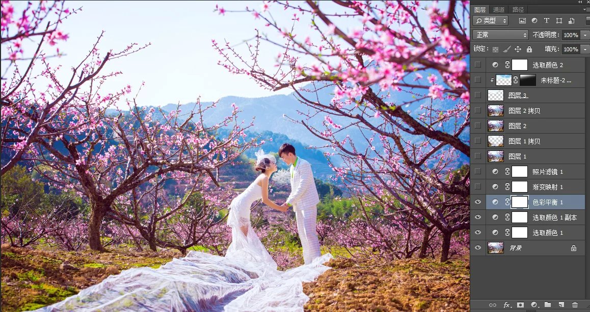 PhotoShop影楼普通灰暗的桃花林婚纱照调出鲜艳亮丽效果后期调色教程