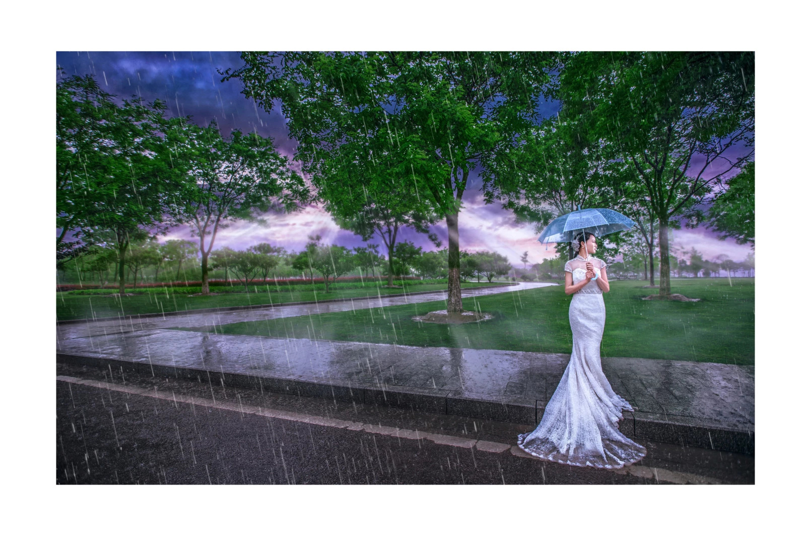 LR+PhotoShop影楼外景雨天婚纱照片后期调色