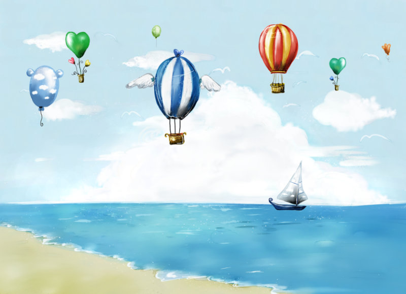 漫画风格蓝色大海海滩行驶的小船飘飞的气球图片韩国设计psd素材下载