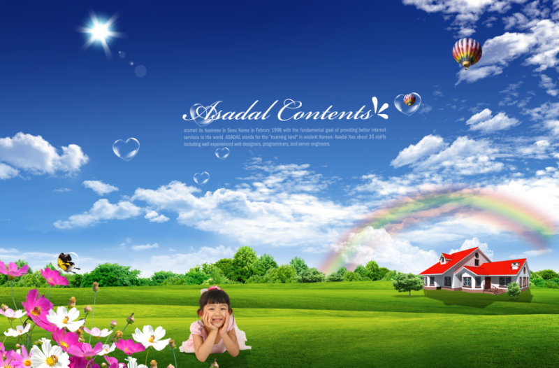 彩虹热气球背景趴在草地上的小女孩人物psd素