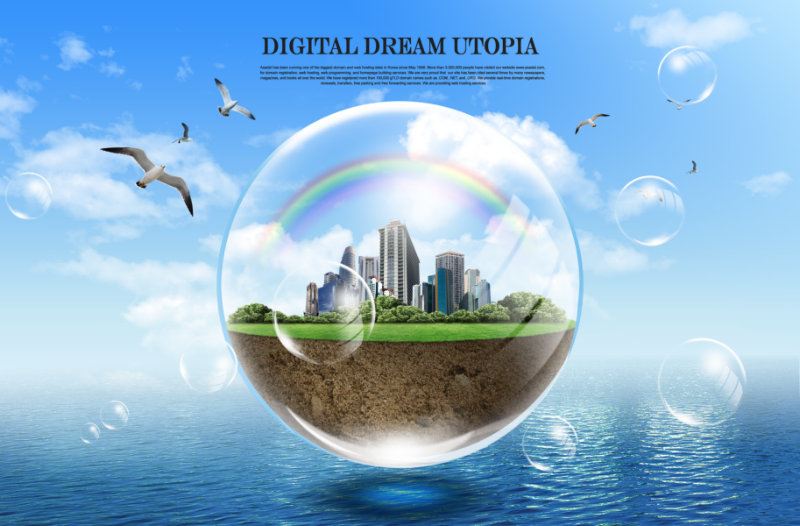 海洋上的透明水泡泡水晶球中的城市建筑图片韩国设计psd素材免费下载