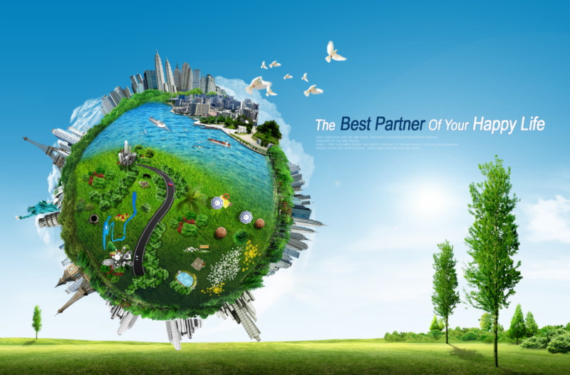 绿色地球上的世界著名建筑图片韩国设计psd素