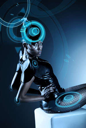 黑人模特时尚蓝色圆圈元素创意设计作品高清图