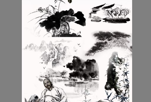 水墨风元素模板psd素材水墨山水水墨翠竹水墨荷花灯传统设计素材模板