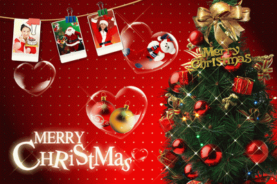 绿色圣诞树透明心形气泡圣诞MerryChristmas圣诞艺术字红色圣诞海报PSD模板素材免费下载