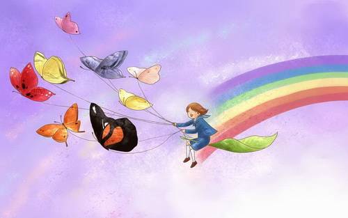 坐在彩虹上放飞蝴蝶的小女孩韩国矢量手绘风格