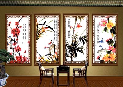 梅兰竹菊国画psd素材岁寒四君子梅兰竹菊客厅四联画展示效果图psd模板
