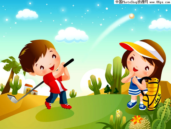 AI格式高尔夫卡通儿童运动矢量素材免费下载 [中国PhotoShop资源网|PS教程|PSD模板|照片处理|PS素材|背景图片|字体下载|PS笔刷下载]