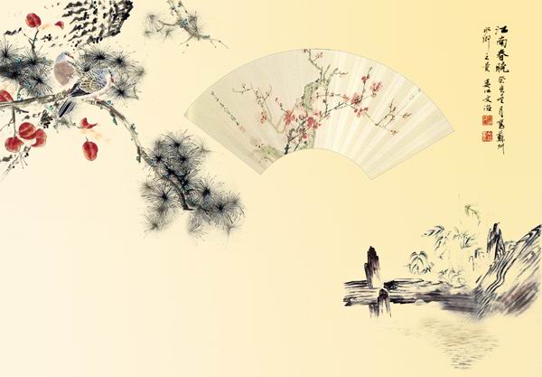 水墨风格国画背景psd素材古典折扇图片水墨花草国画背景模板