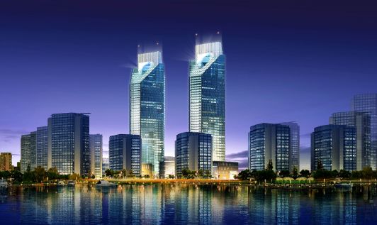 城市夜景模板psd素材现代风格豪华江边城市夜景效果图模板