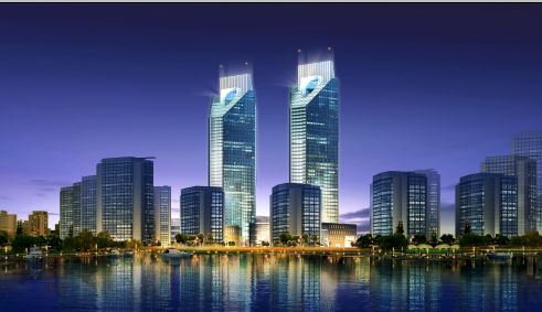 湖边摩天大楼效果图模板psd素材城市建筑群夜景效果图模板