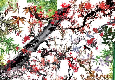 抠好枝头梅花图片模板psd素材水墨枝头梅花竹子风素材模板