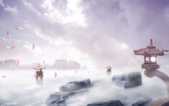 风背景模板psd素材云雾缭绕的山峰飘落的桃花古典风格背景模板