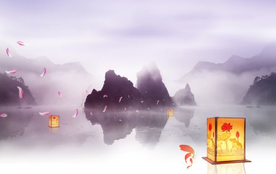风背景模板psd素材团徽湖面上飘落的桃花河灯等古典设计元素模板