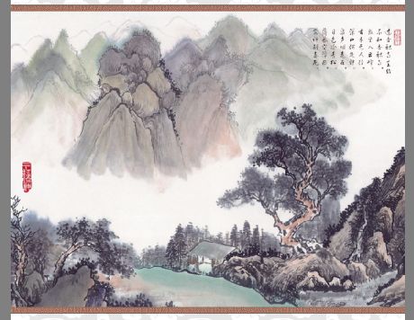 水墨国画中堂模板psd素材传统风格青山劲松山林人家中堂图片模板