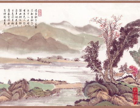 水墨国画中堂模板psd素材传统风格青山劲松山林人家中堂图片模板二