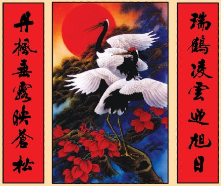 松鹤旭日中堂模板psd素材鲜艳的红日白鹤年画中堂模板