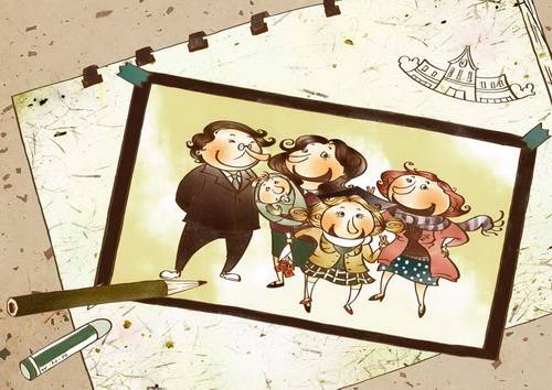 漫画中的幸福一家人全家福照片韩国矢量手绘风格卡通人物分层背景psd素材免费下载