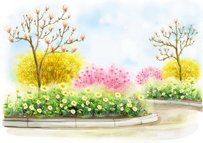 公园里的花坛中盛开的各式花朵背景韩国矢量风格儿童背景psd素材免费下载